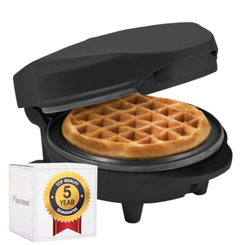 Mini waffle maker for classic waffles, non-stick stainless steel body in black, ideal for children's birthdays, family parties, Easter or Christmas, retro design - Image 1