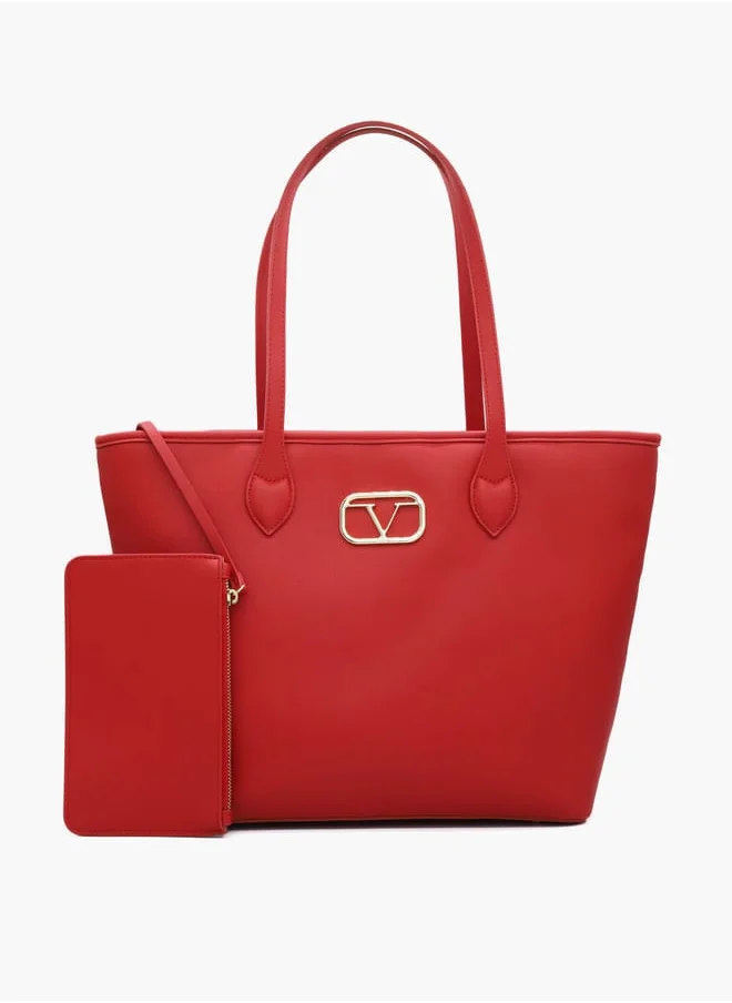 V Italia Solid Tote Bag with Double Handle and Pouch