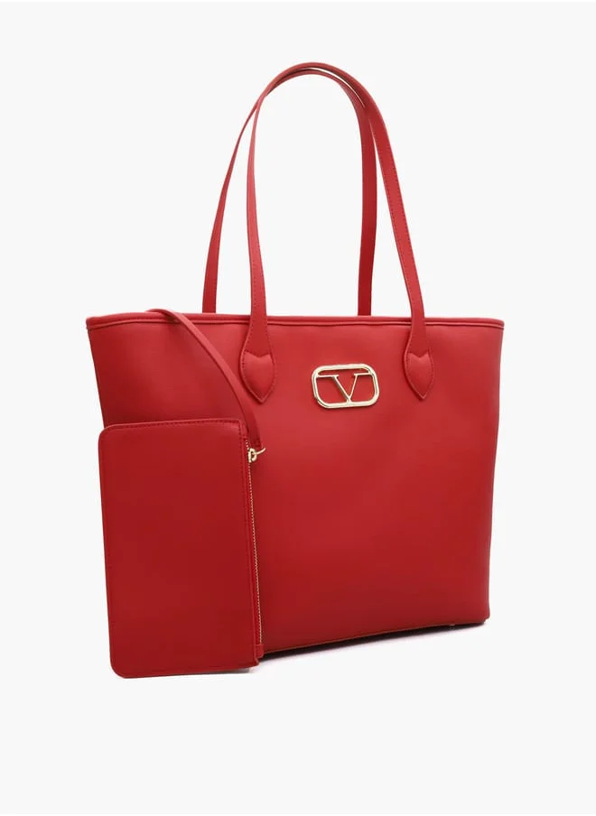 V Italia Solid Tote Bag with Double Handle and Pouch