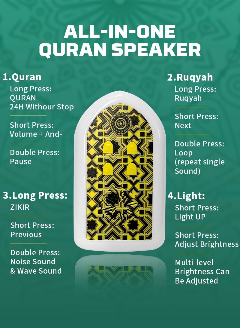 BESTIS Mini Wall Plug Quran Speaker with Light Wall Koran Reciter Ramadan Pray Essential Gift Yellow 13*7*3cm - Image 2