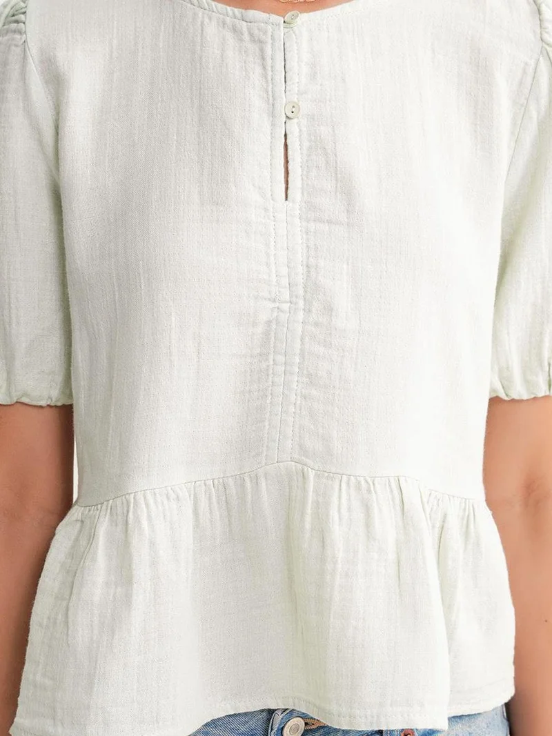 MixRay Sage Green Mixray Textured Muslin Crew Neck Blouse with Button Closure for Women | Best Price UAE
