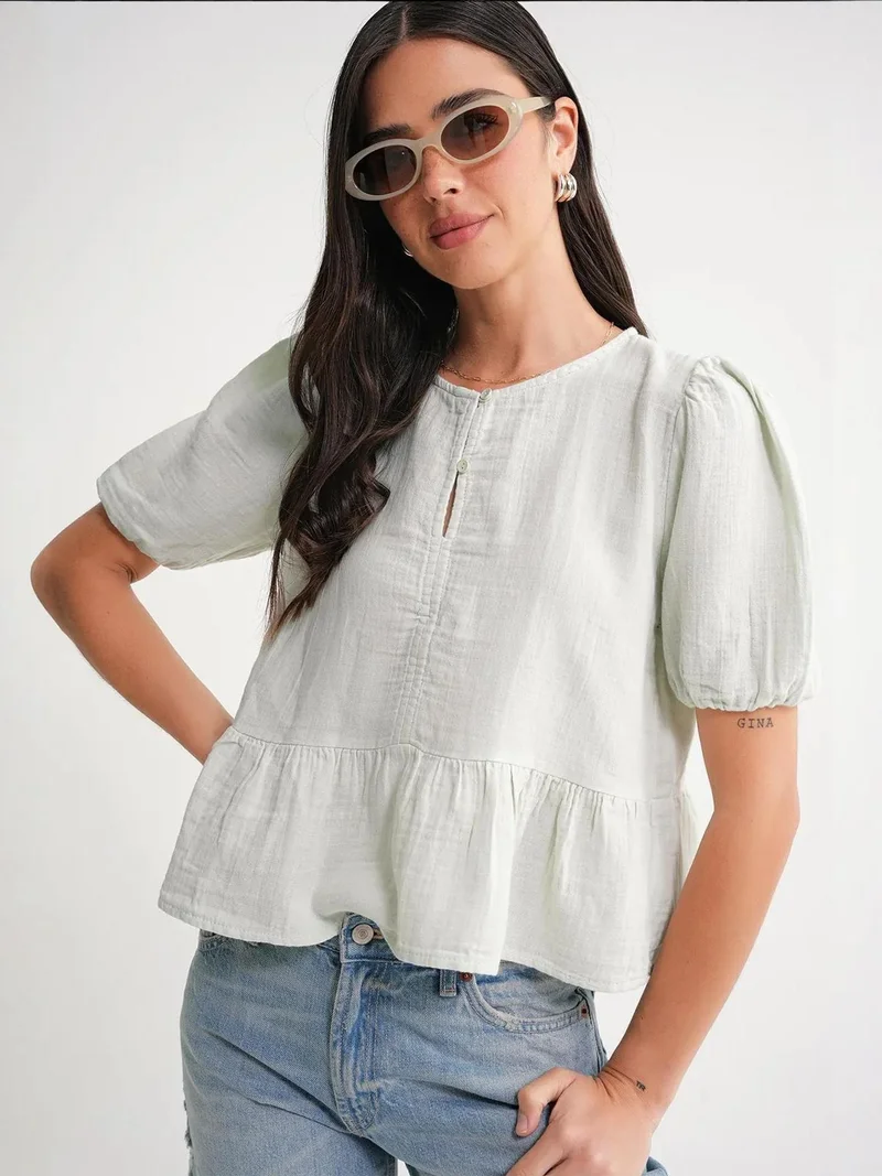 MixRay Sage Green Mixray Textured Muslin Crew Neck Blouse with Button Closure for Women | Best Price UAE