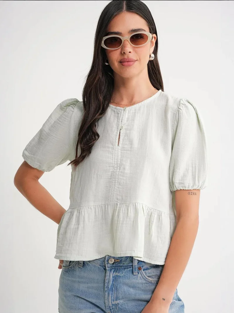 Mixray Textured Muslin Crew Neck Blouse with Button Closure