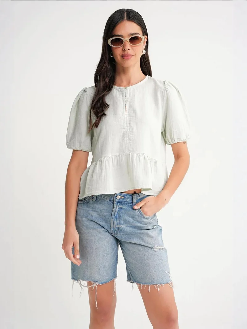 MixRay Sage Green Mixray Textured Muslin Crew Neck Blouse with Button Closure for Women | Best Price UAE