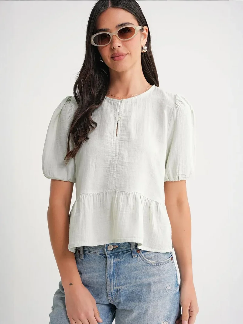 MixRay Sage Green Mixray Textured Muslin Crew Neck Blouse with Button Closure for Women | Best Price UAE