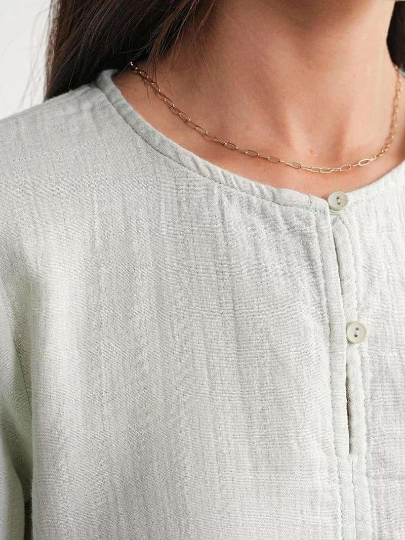 MixRay Sage Green Mixray Textured Muslin Crew Neck Blouse with Button Closure for Women | Best Price UAE