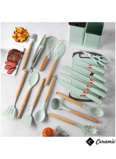 CERAMIC Kitchen Utensils Set of 19 Silicone Cooking Utensils with Holder Non stick Cookware Friendly And Heat Resistant Light Green  - Image 3