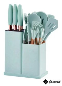 CERAMIC Kitchen Utensils Set of 19 Silicone Cooking Utensils with Holder Non stick Cookware Friendly And Heat Resistant Light Green  - Image 1