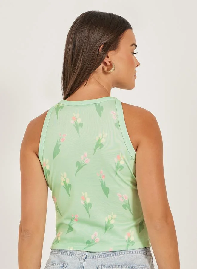 Styli Ribbed Floral Print Sleeveless Tank