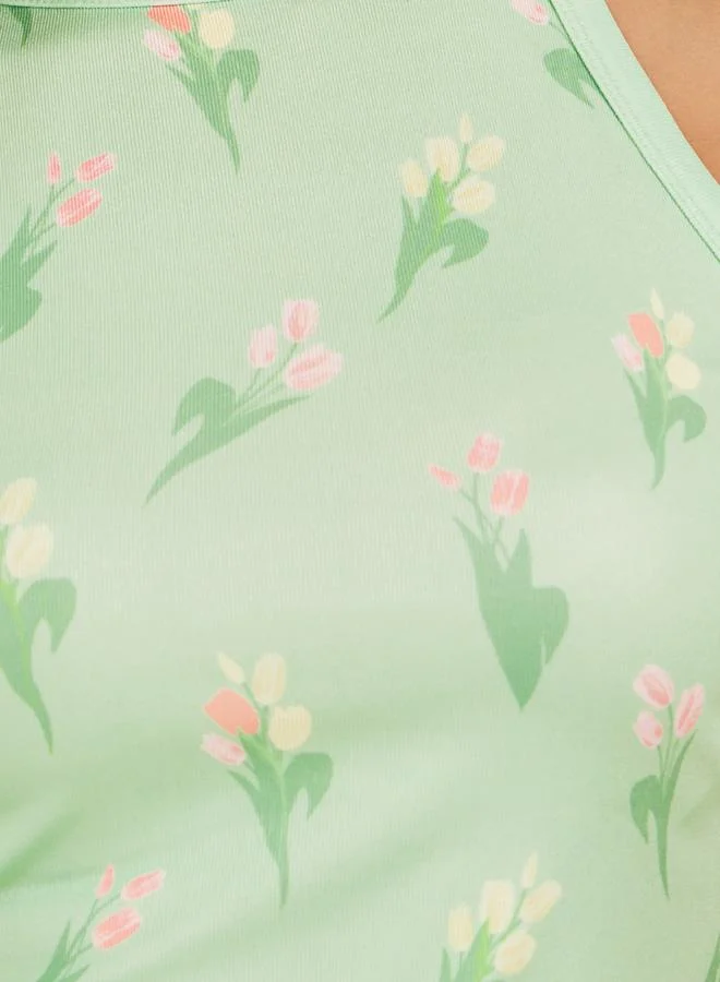 Styli Ribbed Floral Print Sleeveless Tank