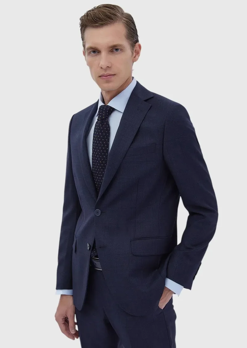 RAMSEY Navy Blue Patterned Modern Fit 100% Wool Suit