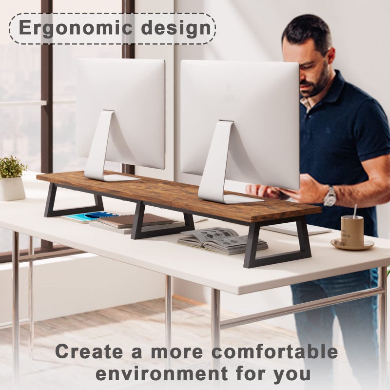 TEAMIX 42 inch Large [Dual] [Monitor] [Riser],Rustic Brown Extra Long TV [Stand Wood & Steel Desktop [Riser] with Storage for [Dual] Screen Office Desk Organization - Image 3