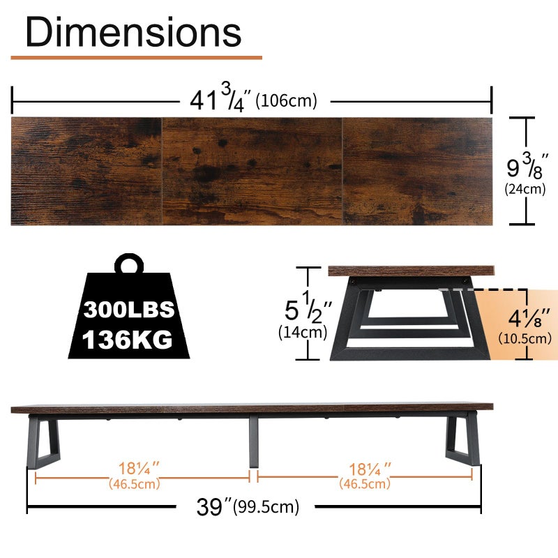 TEAMIX 42 inch Large [Dual] [Monitor] [Riser],Rustic Brown Extra Long TV [Stand Wood & Steel Desktop [Riser] with Storage for [Dual] Screen Office Desk Organization - Image 5
