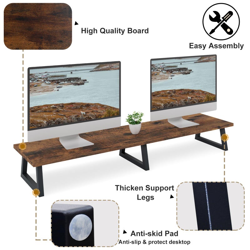 TEAMIX 42 inch Large [Dual] [Monitor] [Riser],Rustic Brown Extra Long TV [Stand Wood & Steel Desktop [Riser] with Storage for [Dual] Screen Office Desk Organization - Image 4