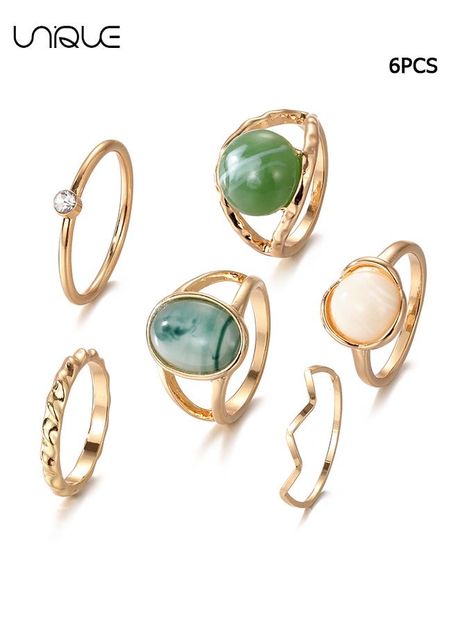 Unique 6 Piece Ring Set - Geometric Imitation Green Jade Ring - Simple Diamond Ring - Gold Ring - Women's Girls Jewelry - Image 1