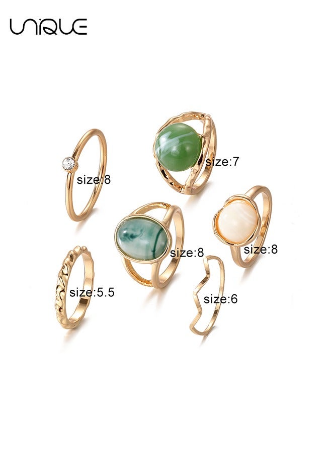 Unique 6 Piece Ring Set - Geometric Imitation Green Jade Ring - Simple Diamond Ring - Gold Ring - Women's Girls Jewelry - Image 2