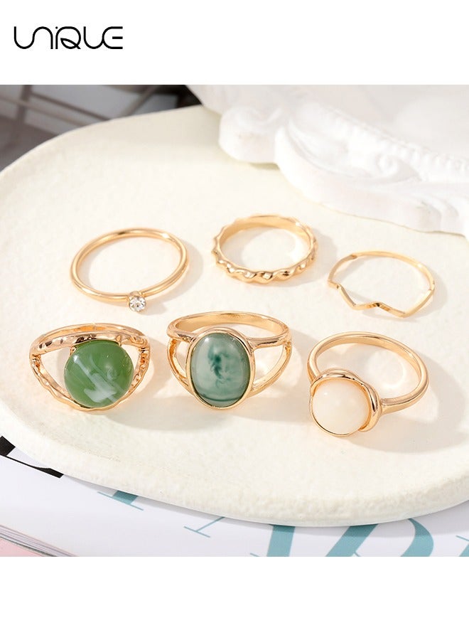 Unique 6 Piece Ring Set - Geometric Imitation Green Jade Ring - Simple Diamond Ring - Gold Ring - Women's Girls Jewelry - Image 3