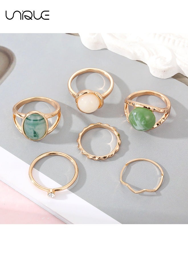 Unique 6 Piece Ring Set - Geometric Imitation Green Jade Ring - Simple Diamond Ring - Gold Ring - Women's Girls Jewelry - Image 4