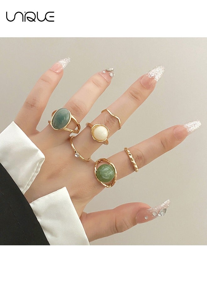 Unique 6 Piece Ring Set - Geometric Imitation Green Jade Ring - Simple Diamond Ring - Gold Ring - Women's Girls Jewelry - Image 5