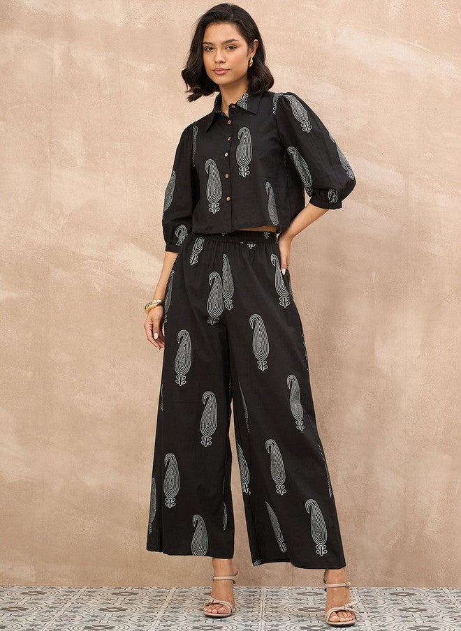 Baizee All About You Printed Pure Cotton Shirt Collared Top With Palazzos Co-Ords - Image 1