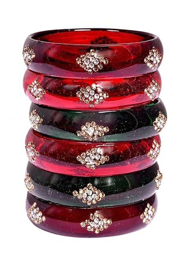 BANGLESKART مجموعة أساور زجاجية من بانغلسكارت / لون أحمر أخضر مهرون للنساء (مجموعة من 6 قطع) (النمط 2، 2.4) - Image 2