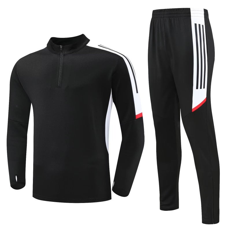 Generic 2022 autumn and winter New Hengleda long sleeve football training suit children adult plus velvet top football suit men Black clothes with white edges + black pants with white edges