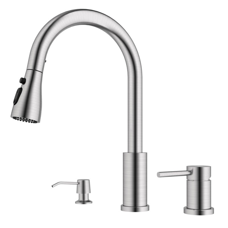APPASO 3 Hole Kitchen Faucet Brushed Nickel Kitchen Faucets with Soap Dispenser and Pull Down Sprayer 3 Modes S304 Stainless Steel High Arch 3 Piece Sink Faucet with Separate Handle - Image 2
