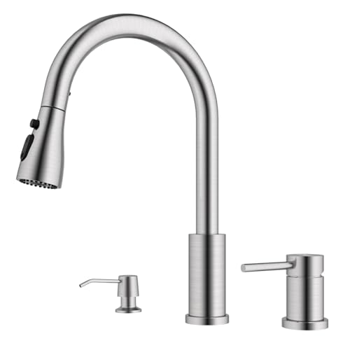 APPASO 3 Hole Kitchen Faucet Brushed Nickel Kitchen Faucets with Soap Dispenser and Pull Down Sprayer 3 Modes S304 Stainless Steel High Arch 3 Piece Sink Faucet with Separate Handle - Image 1