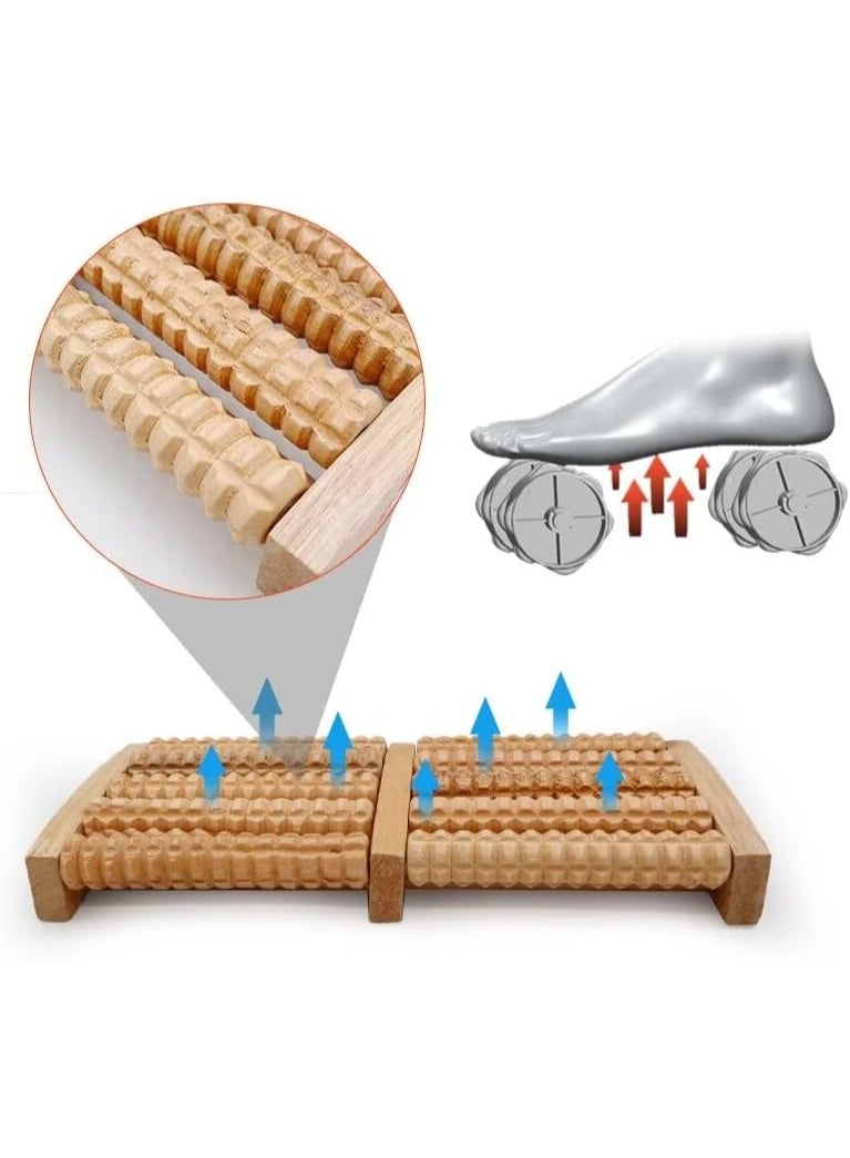 Wooden foot massager, natural wood color, with five massage rollers and pressure points, uses rolling and pressing technology to relieve tension and relax. - Image 5
