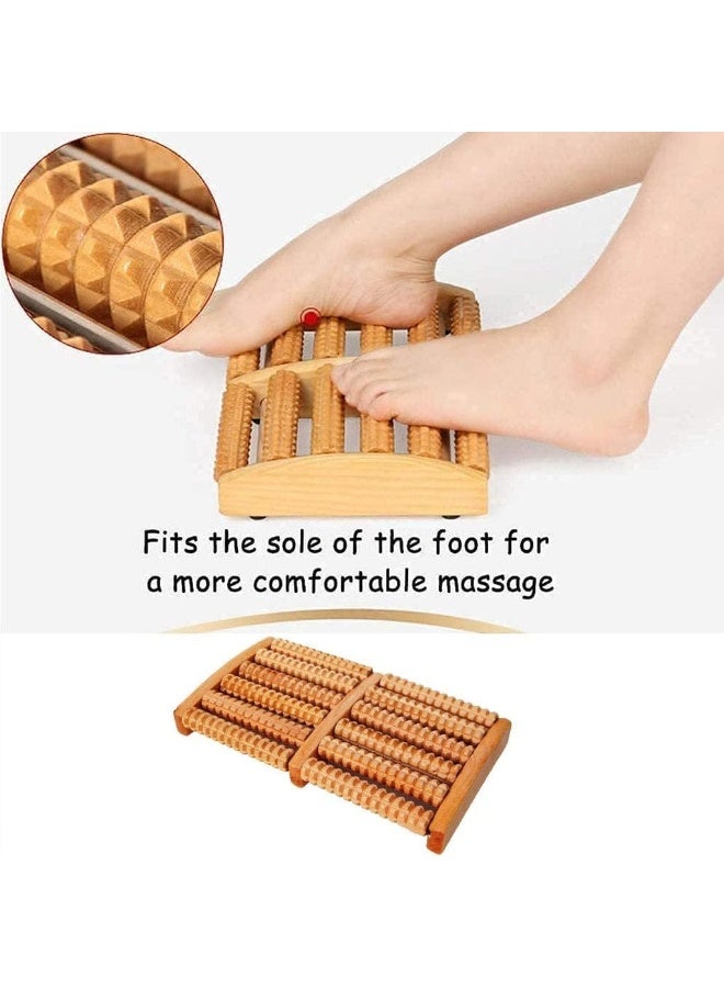 Wooden foot massager, natural wood color, with five massage rollers and pressure points, uses rolling and pressing technology to relieve tension and relax. - Image 4