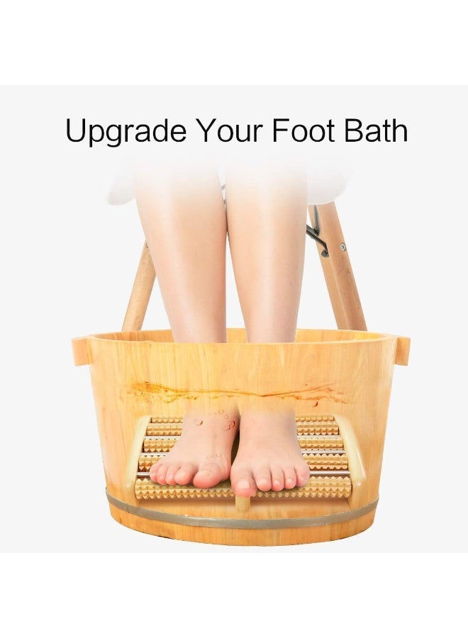 Wooden foot massager, natural wood color, with five massage rollers and pressure points, uses rolling and pressing technology to relieve tension and relax. - Image 3