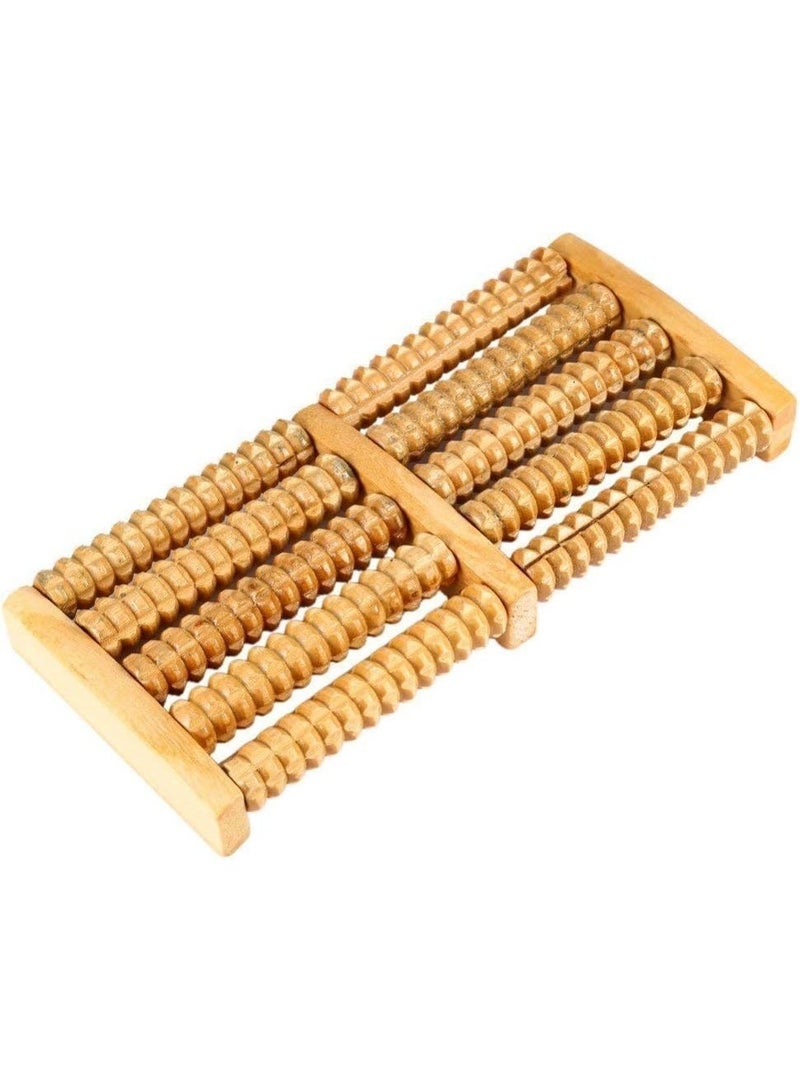 Wooden foot massager, natural wood color, with five massage rollers and pressure points, uses rolling and pressing technology to relieve tension and relax. - Image 1