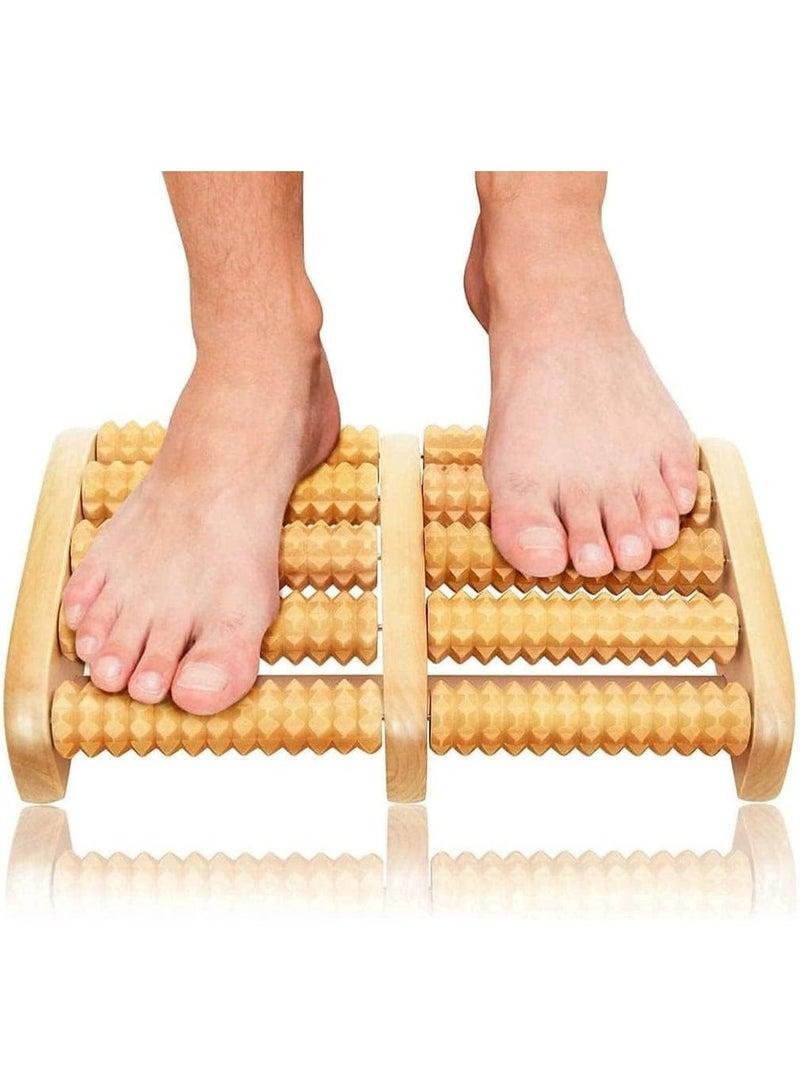Wooden foot massager, natural wood color, with five massage rollers and pressure points, uses rolling and pressing technology to relieve tension and relax. - Image 2