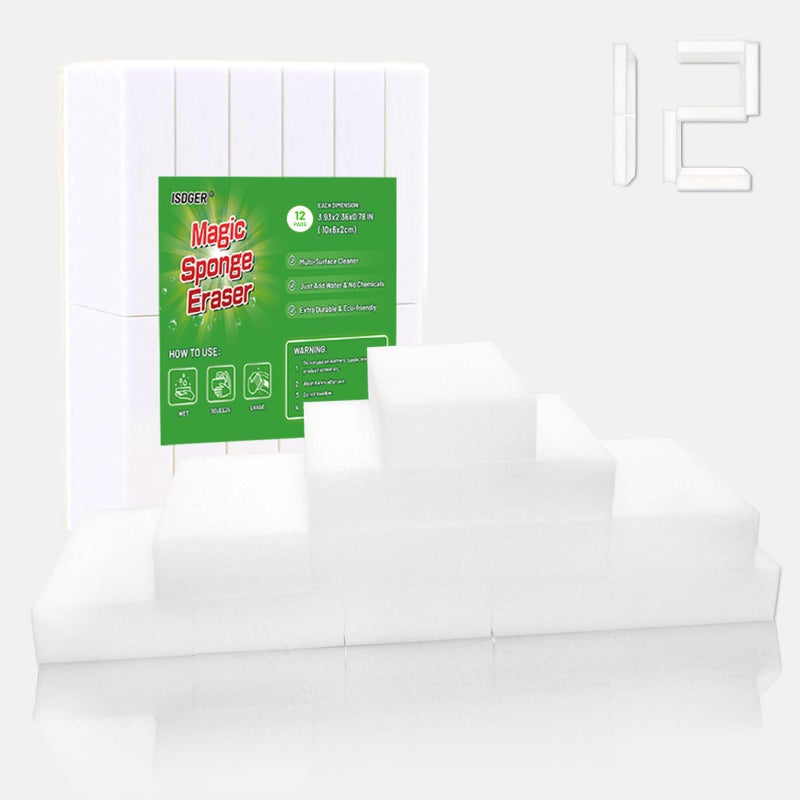 ISDGER Magic Melamine Sponge Eraser, GRS Certified 12 Pack Magic Cleaning Erasers in Bulk, No Scratch & Super Absorbent, Multi-Functional Melamine Foam Sponges for Bathroom Window Shoes Kitchen - Image 1