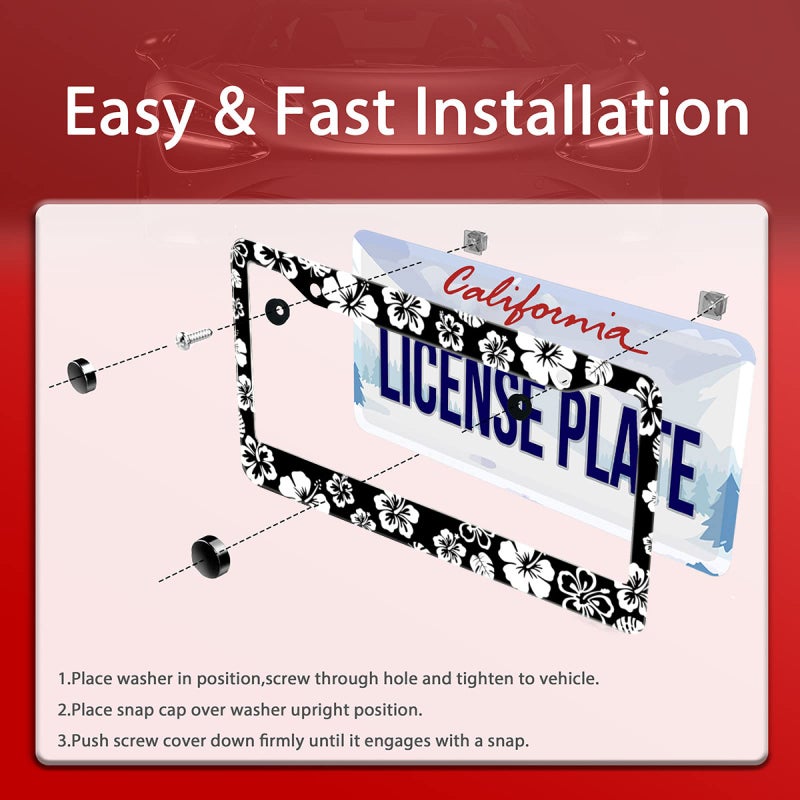 Omw2fyb ã€2Pcsã€‘ White Hibiscus Hawaii License Plate Frames Round Hole Personalise License Plate Frame Car Universal Accessories Stainless Steels Cars Decor Fits Standard US Vehicles Size: 12.2 x 6 Inches - Image 5