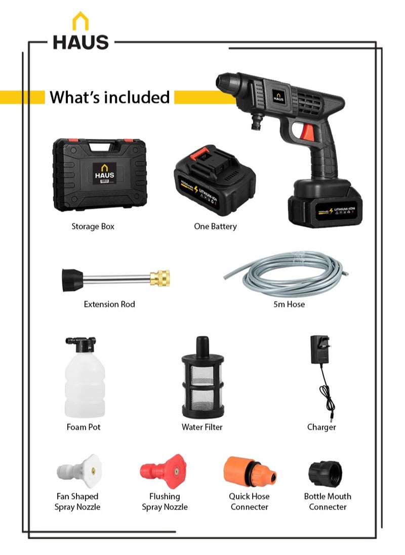 HAUS Cordless Pressure Washer Electric 30 BAR Pressure 1200 MAh Battery Self Priming Feature Includes 2 Pressure Nozzles Foam Bottle Long Water Tube , Car Washing Machine  - Image 2