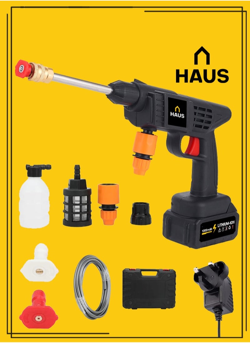 HAUS Cordless Pressure Washer Electric 30 BAR Pressure 1200 MAh Battery Self Priming Feature Includes 2 Pressure Nozzles Foam Bottle Long Water Tube , Car Washing Machine  - Image 1