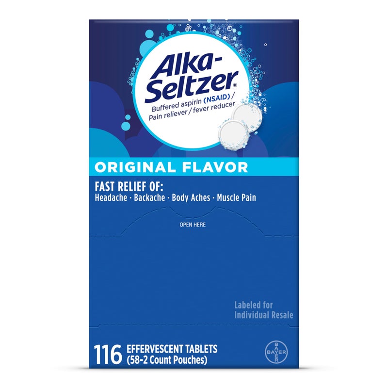 Alka-Seltzer أقراص ألكا-سيلتزر الفوارة بنكهة الأصلية، تخفيف سريع من أعراض متعددة من الصداع وآلام الجسم، أقراص فوارة قابلة للذوبان، عبوة لتخفيف الألم، 116 حبة - Image 1