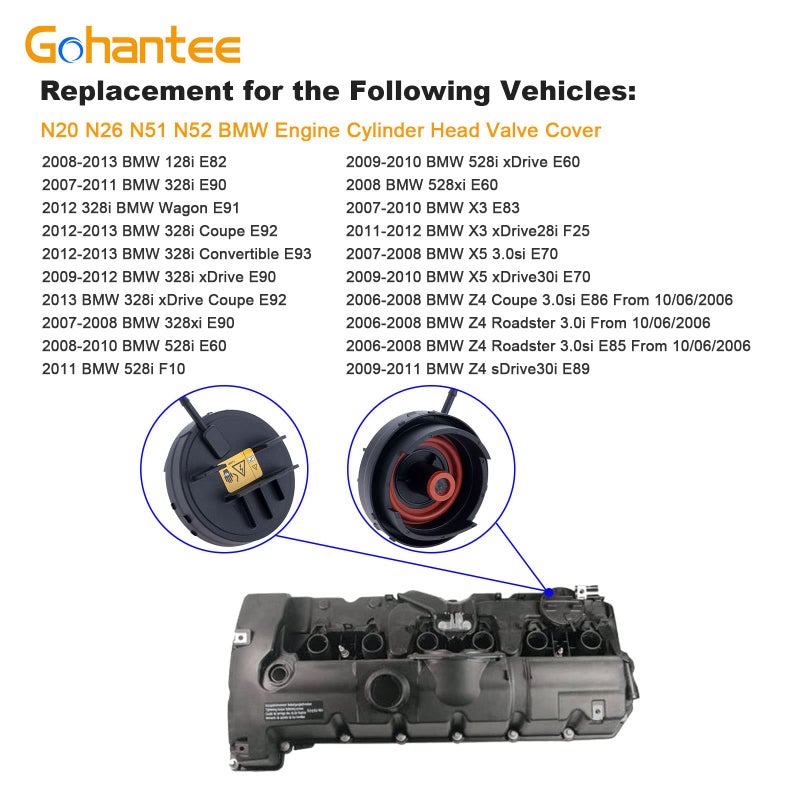 gohantee غطاء صمام رأس أسطوانة محرك PCV - متوافق مع BMW 128i، 328i، 528i، X3، X5، Z4 N20، N26، N51، N52 من 2007-2013 - Image 2
