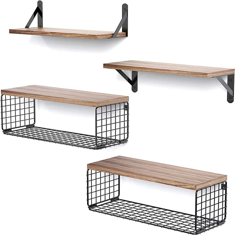 Floating Shelf Wooden Wall Rack Bathroom Rack With Wire Storage Basket Bedroom Kitchen Living Room Wooden Storage Rack - Image 1