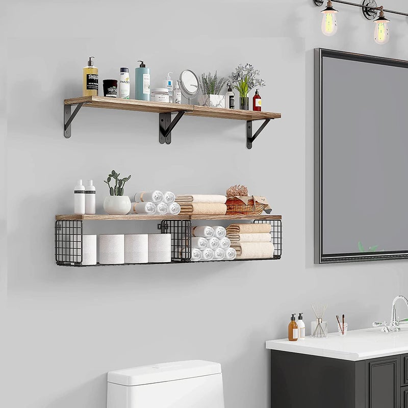 Floating Shelf Wooden Wall Rack Bathroom Rack With Wire Storage Basket Bedroom Kitchen Living Room Wooden Storage Rack - Image 2