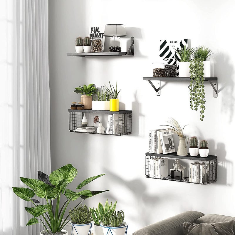 Floating Shelf Wooden Wall Rack Bathroom Rack With Wire Storage Basket Bedroom Kitchen Living Room Wooden Storage Rack - Image 3