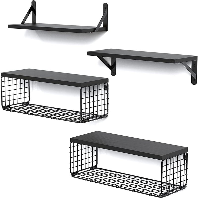 Floating Shelf Wooden Wall Rack Bathroom Rack With Wire Storage Basket Bedroom Kitchen Living Room Wooden Storage Rack - Image 5