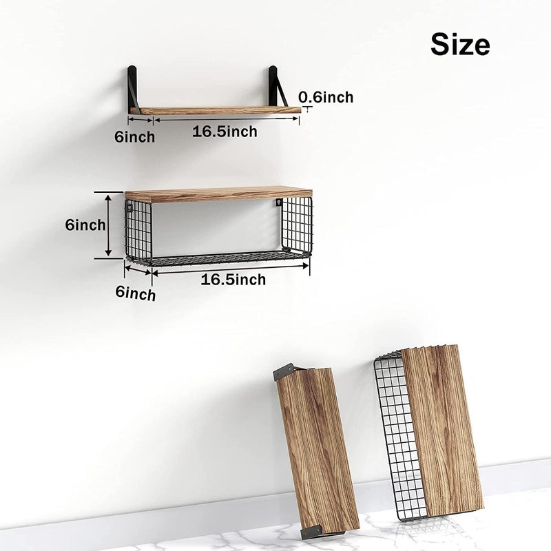 Floating Shelf Wooden Wall Rack Bathroom Rack With Wire Storage Basket Bedroom Kitchen Living Room Wooden Storage Rack - Image 4
