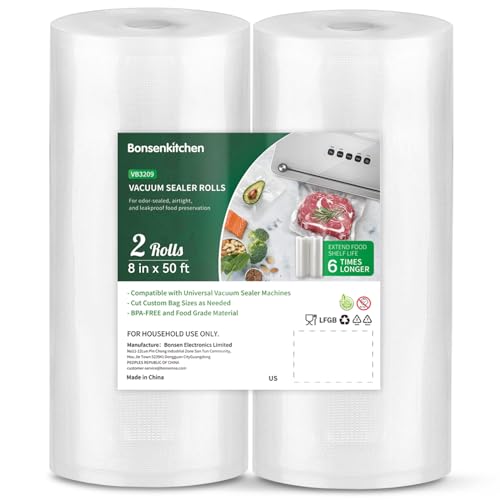 Bonsenkitchen Vacuum Sealer Bags, 8" x 50' Rolls 2 pack for Food Storage Saver, Bpa Free, Heavy Duty, Commercial Grade Textured Food Roll, Customized Size Bag for Sous Vide Cooking,VB3209 - Image 1