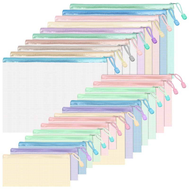 BAYTORY 24Pcs Mesh Zipper Pouch File Bags, Waterproof Clear File Pouch, Assorted Color File Pockets, Large Capacity Plastic Document Jackets, Organizing for Travel School Office and Home (Colorful) - Image 1
