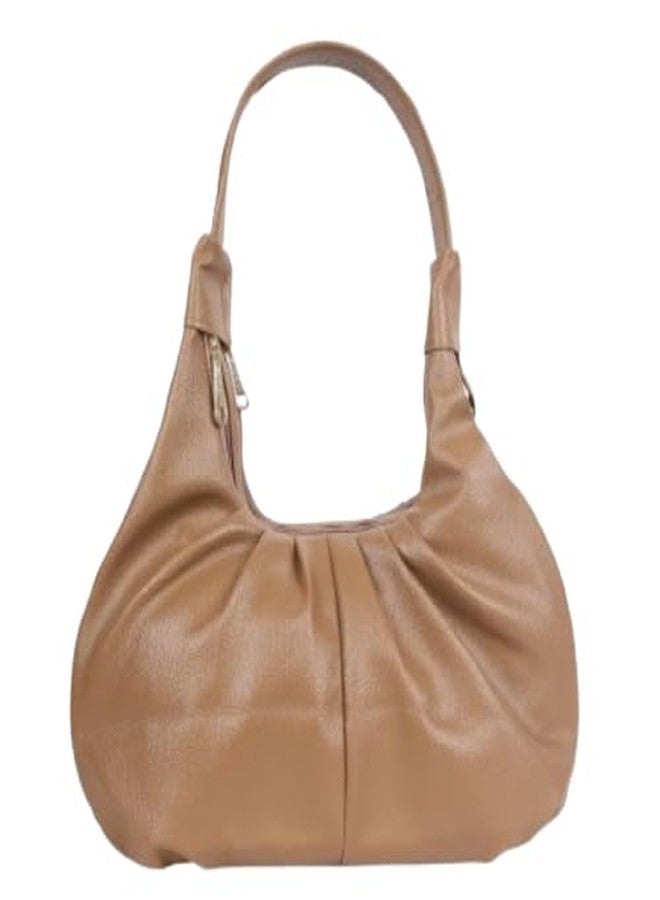 VINNIE Stylish Hobo Shoulder Bag for Women and Girls, Camel Brown PU Leather, Pleated Design, Medium Size, 2 Compartments - Image 1