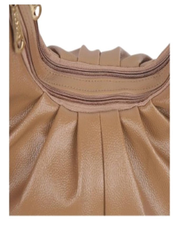 VINNIE Stylish Hobo Shoulder Bag for Women and Girls, Camel Brown PU Leather, Pleated Design, Medium Size, 2 Compartments - Image 2