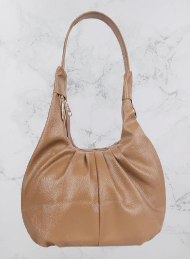 VINNIE Stylish Hobo Shoulder Bag for Women and Girls, Camel Brown PU Leather, Pleated Design, Medium Size, 2 Compartments - Image 5
