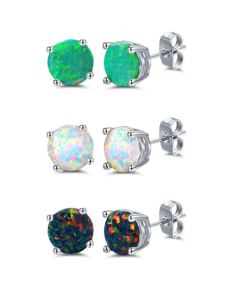 Barzel 18K White Gold Plated Black, White & Green Created Opal Stud Earrings 3 Pack Set, 6MM (Multicolor) - Image 1
